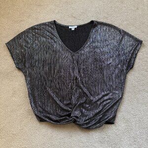 Carolina Belle Metallic Gray Pleated V-neck Twist Knot Short Sleeve Event Top M